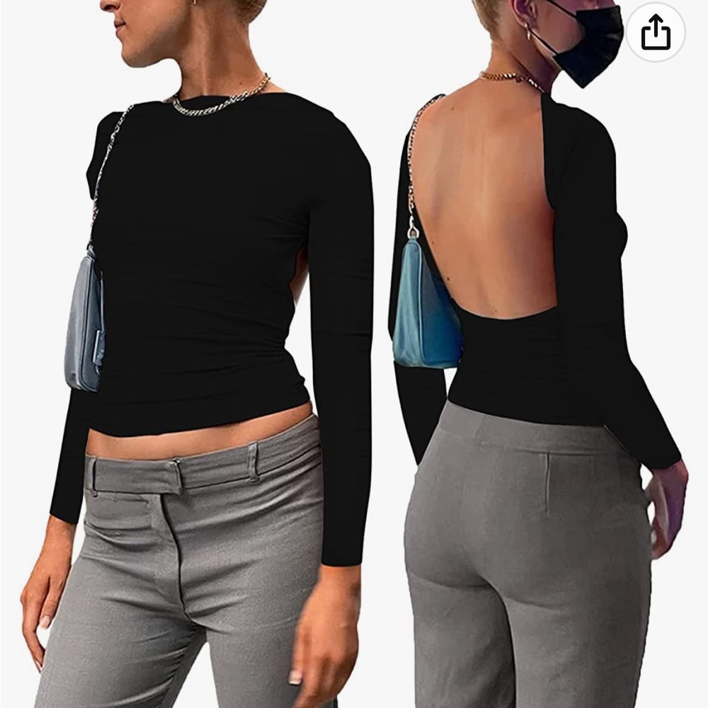 Backless Top - Casual Y2K Crop Shirts Long Sleeve Crewneck Slim Fit Cut Out Tees